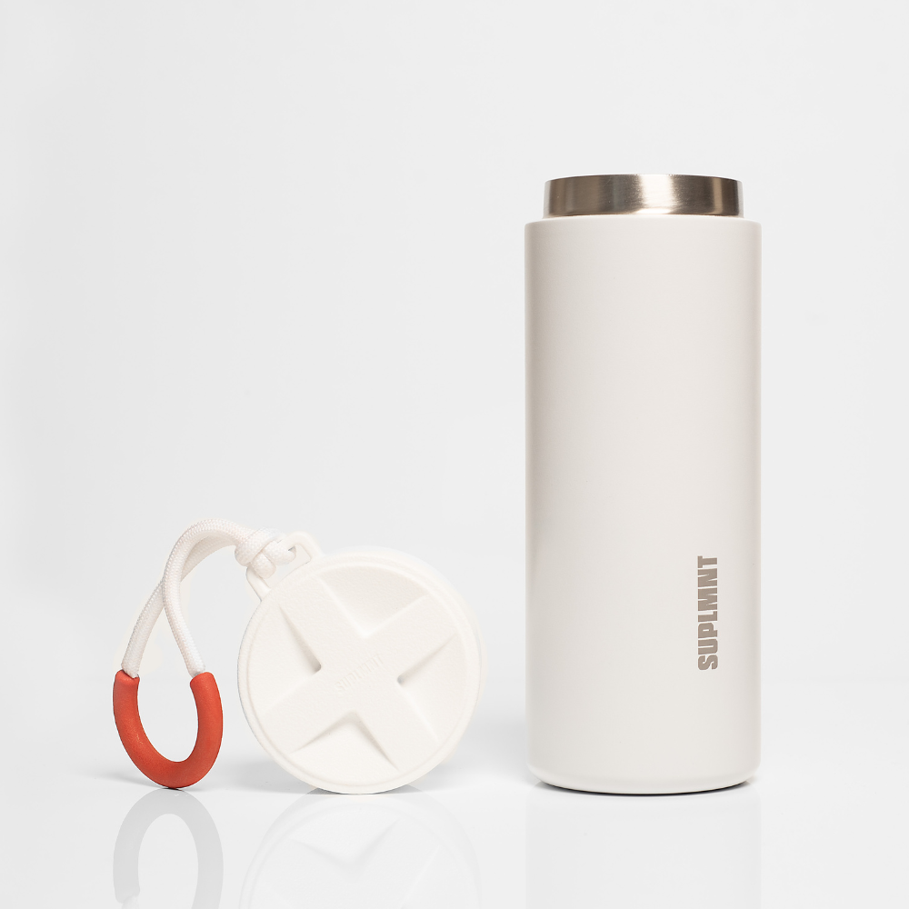 SUPLMNT 24 Oz Insulated Water Bottle With Classic Lid | White with Red Handle