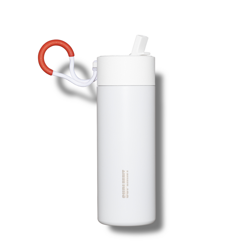 SUPLMNT's Pure White 24 OZ Water Bottle with Straw Lid and a Red Handle
