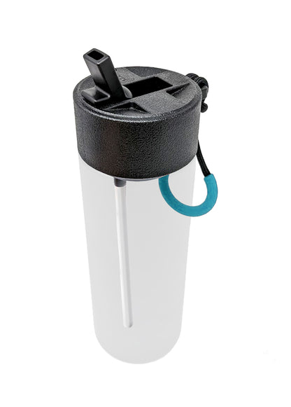 Suplmnt's black straw lid with a blue handle