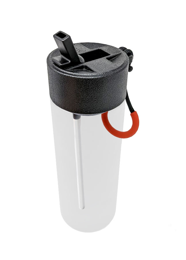 Suplmnt's black straw lid with a red handle