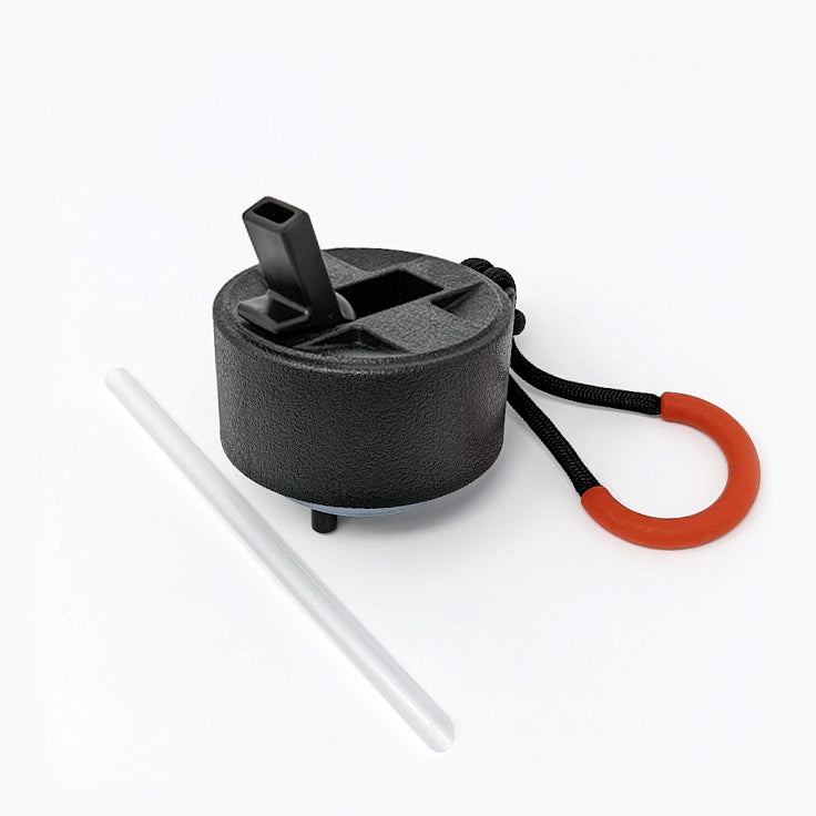 Suplmnt's black straw lid with a red handle